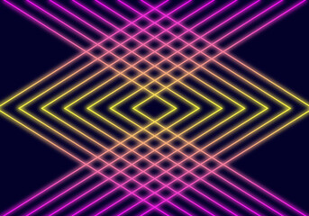 Fototapeta premium 3d render abstract Neon lines triangles tunnel, Square rectangle picture frame with two tone neon color motion graphic on isolated black background.