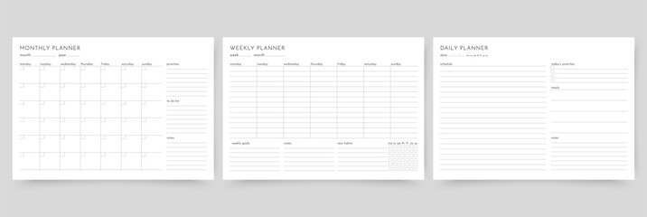 Monthly, weekly, daily planners. Set of timetables for month, week and day. Schedule template. Empty notebook page. Week starts Monday. Homework organizer. Simple blank of diary. Vector illustration. - obrazy, fototapety, plakaty