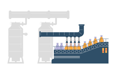 Fototapeta premium Factory machine puring palm oil in bottles, flat vector illustration isolated on white background.