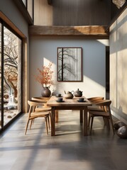 Fototapeta premium living room interior with dining table with chairs and a vertical poster hanging on the wall