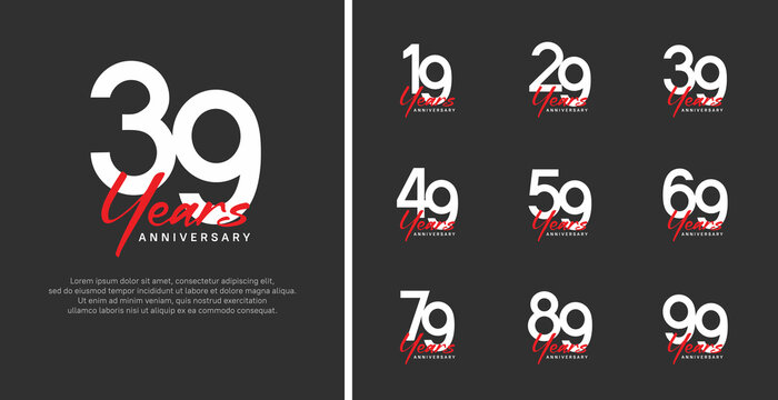 set of anniversary logo flat white color number and red text on black background for celebration