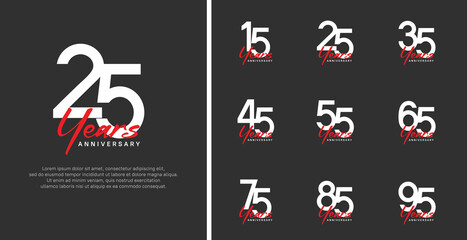 set of anniversary logo flat white color number and red text on black background for celebration