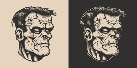 Vintage retro Halloween zombie dead frankenstein character face portrait. spooky scary horror element. Monochrome Graphic Art. Vector. Hand drawn element engraving