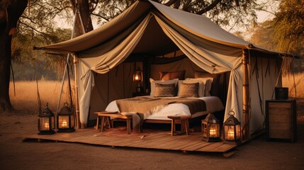 Safari Tent , A luxurious safari tent set amidst the wilderness, complete with four-poster bed and vintage trunks