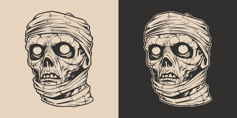 Vintage retro Halloween mummy character face portrait. spooky scary horror element. Monochrome Graphic Art. Vector. Hand drawn