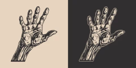 Fotobehang Vintage retro halloween zombie undead monster hand arm. Scary boo horror spooky illustration. Monochrome Graphic Art. Vector. Hand drawn element in engraving art © Graphic Warrior