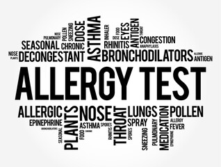 Allergy Tests - used to find out which substances cause a person to have an allergic reaction, word cloud concept background