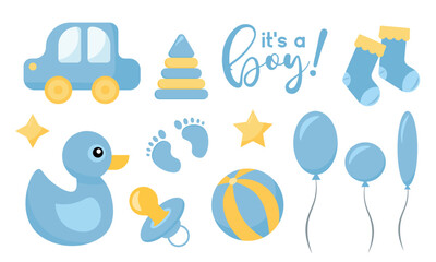 Decorative elements for baby shower design. Gender reveal party card, banner, vector element design. It's a boy gender reveal set