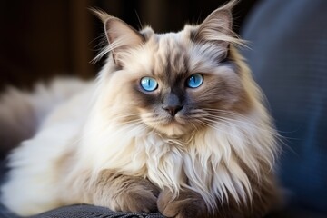 Fototapeta premium Close-up portrait of furry cat sitting, dense coat.