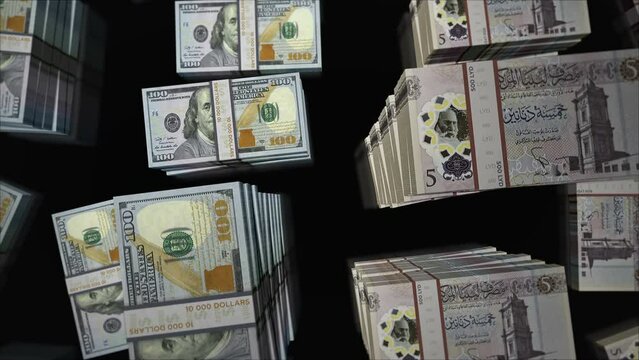 American Dollar and Libya Dinar money exchange. Banknotes pack bundle. Concept of trade, economy, competition, crisis, banking and finance. Notes loopable seamless 3d.