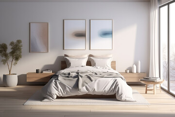 Fototapeta na wymiar Scandinavian Serenity Unveiling the Modern Interior Design of an Elegant Bedroom with Sleek Simplicity. created with Generative AI