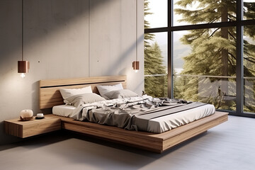 Contemporary Comfort Exploring the Interior Design of a Modern Bedroom with a Wooden Bed and Concrete Floor. created with Generative AI