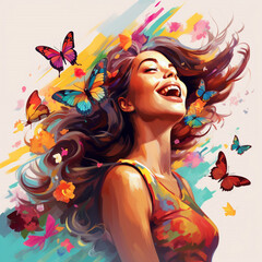 Portrait of a laughing happy woman engulfed in colorful, beautiful butterflies and flowers