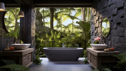 Spa Bathroom , An indoor-outdoor bathroom designed with a stone soaking tub, tropical plants, and premium spa amenities