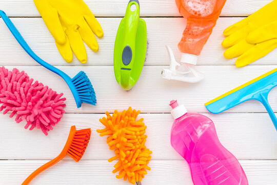 Cleaning service concept. Various cleaning iteams and supplies for housework