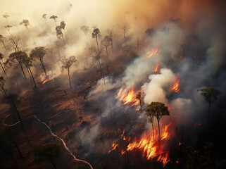 Fototapeta premium Photo of a large-scale fire in a forest, burning down single trees with a lot of smoke