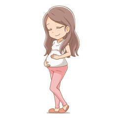 Cartoon character of pregnant women hugging belly with arms.