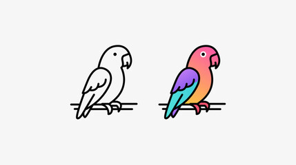 parrot sits on a branch. Linear and color logo, icon. Concept of tropical bird, pet. Vector illustration