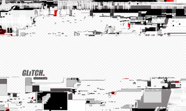 An abstract digital glitch background featuring black, white, and red distortion with pixelated error effects and the text "GLiTCH. elements" in the lower left.
