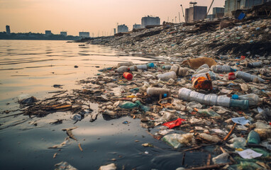 Very polluted shore full of trash next to a city