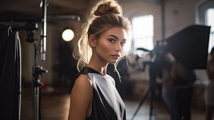 A candid, behind-the-scenes styled shot of the model preparing for a shoot, capturing the authentic emotions and anticipation in a sleek studio environment