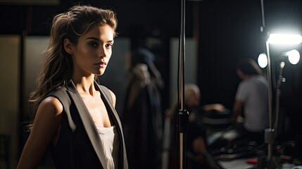 A candid, behind-the-scenes styled shot of the model preparing for a shoot, capturing the authentic emotions and anticipation in a sleek studio environment