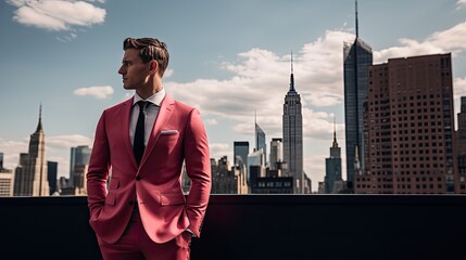 A poised model in a sleek, modern suit standing against a minimalist urban backdrop, with sharp architectural lines framing them