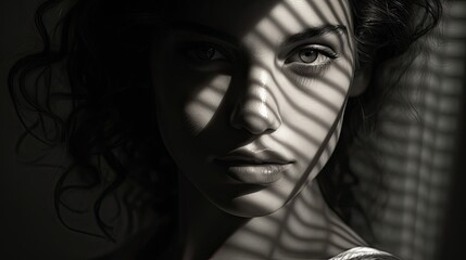 An evocative black and white portrait, capturing the model's intense gaze and the intricate play of light and shadow across their features