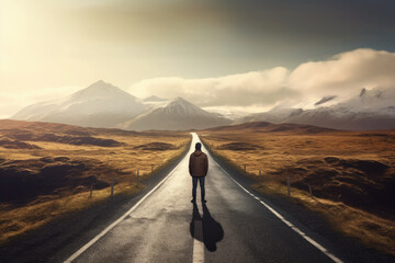 A man stands on the road and looks ahead. The concept of making a decision, making the right choice, solving a problem
