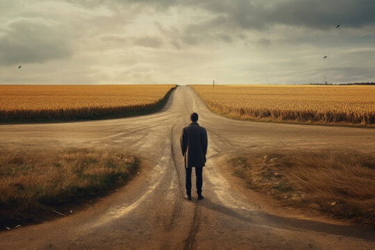 Man with a choice near the forked road. The concept of making a decision, making the right choice, solving a problem