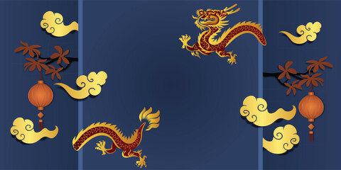 Chinese New Year 2024, the year of the Dragon, red and gold line art characters, simple hand-drawn Asian elements with craft (Chinese translation: Happy Chinese New Year 2024, year of the Dragon)