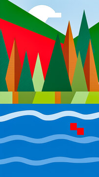 A red boat sailing on the sea against the backdrop of mountains and a lush pine forest. Geometric abstraction.