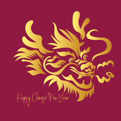Chinese New Year 2024, the year of the Dragon, red and gold line art characters, simple hand-drawn Asian elements with craft (Chinese translation: Happy Chinese New Year 2024, year of the Dragon)