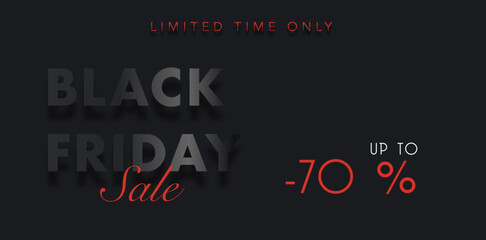 Black Friday sale banner up to 70 off on black background for business, black friday shopping, sale promotion, commerce and advertising