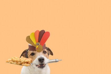 Fun Thanksgiving background with dog holding piece of holiday apple pie on spatula.