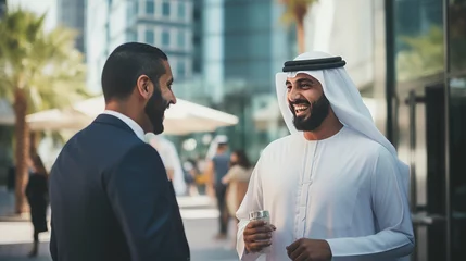 Selbstklebende Fototapete Abu Dhabi Young Emirati businessman in UAE talking with friends
