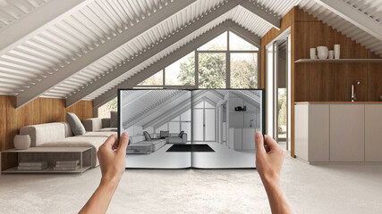 Fototapeta na wymiar Hands holding notepad with kitchen and living room design blueprint sketch or drawing. Real interior design project background. Before and after concept, designer work flow idea