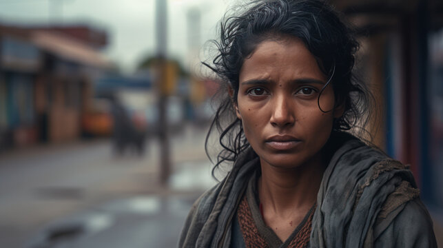 portrait sad Indian woman in the market