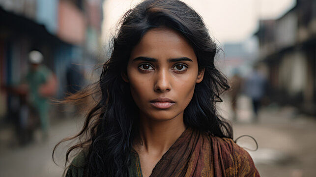 portrait sad Indian woman in the market