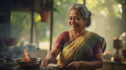 portrait smile Indian mature woman in the traditional dress cooking in kitchen