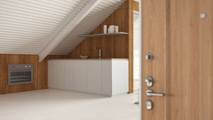 Wooden entrance door opening on minimal mezzanine kitchen with resin floor, welcome home concept, interior design concept idea