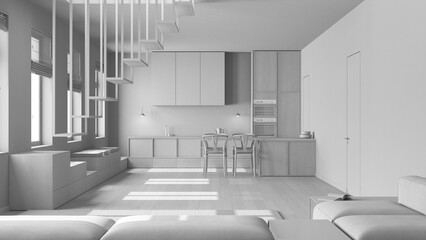 Total white project draft, scandinavian nordic wooden kitchen and living room. Sofa, minimal...