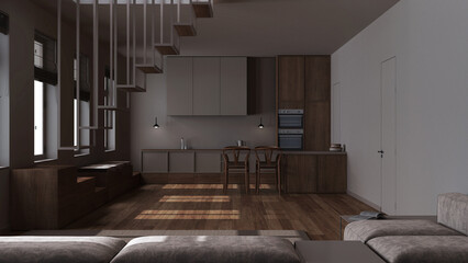 Dark late evening scene, scandinavian nordic wooden kitchen and living room. Sofa, minimal staircase and dining island. Japandi interior design © ArchiVIZ