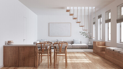 Minimalist nordic wooden kitchen and living room in white and beige tones. Sofa, minimal staircase and dining island with chairs. Scandinavian interior design