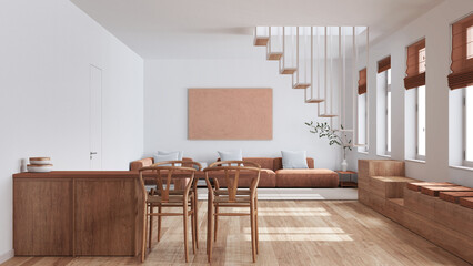 Minimalist nordic wooden kitchen and living room in white and orange tones. Sofa, minimal staircase and dining island with chairs. Scandinavian interior design © ArchiVIZ