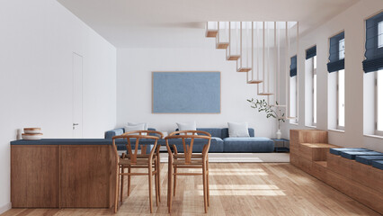Minimalist nordic wooden kitchen and living room in white and blue tones. Sofa, minimal staircase and dining island with chairs. Scandinavian interior design