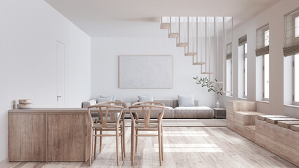 Minimalist nordic bleached wooden kitchen and living room in white and beige tones. Sofa, minimal staircase and dining island with chairs. Scandinavian interior design