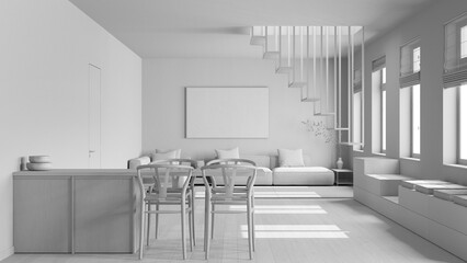 Total white project draft, minimalist nordic wooden kitchen and living room. Sofa, minimal...