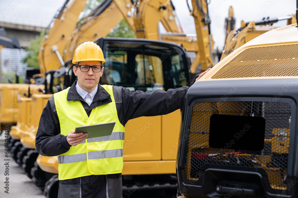 Aufkleber Engineer in a helmet with a digital tablet stands next to construction excavators.