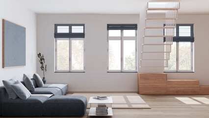 Scandinavian nordic wooden living room in white and gray tones. Velvet sofa with pillows and carpet, Minimalist staircase. Modern interior design